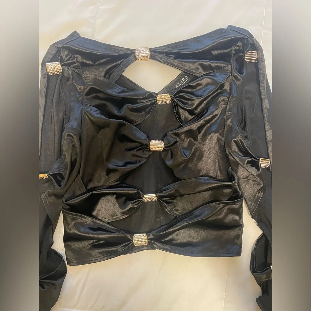 AKIRA Black Satin Cutout Crop Top with Shine - Picture 2 of 4